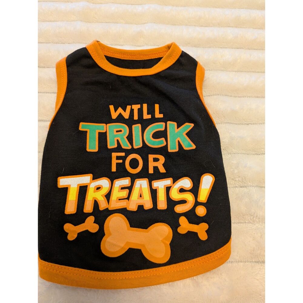 Halloween Dog Tank Top Shirt " Will Trick for Treats' Black & Orange-Size Small